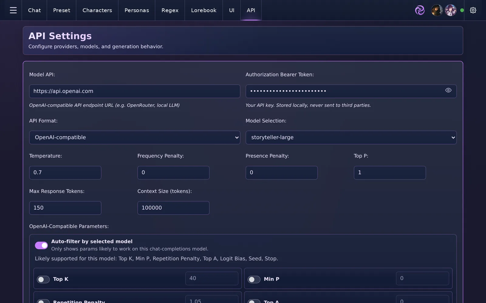 API settings panel with URL, token and model fields
