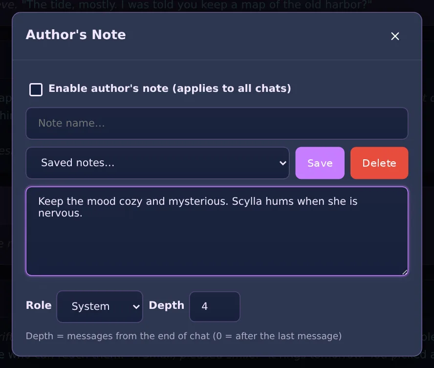 The Author's Note dialog with library and depth controls