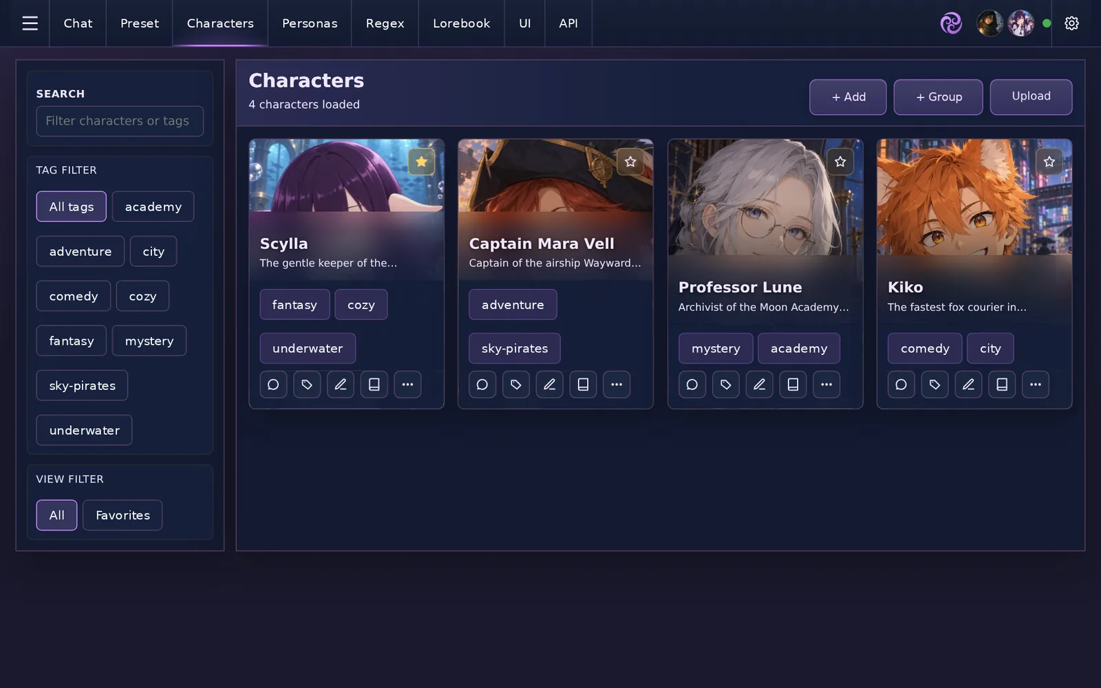 The Characters tab showing cards