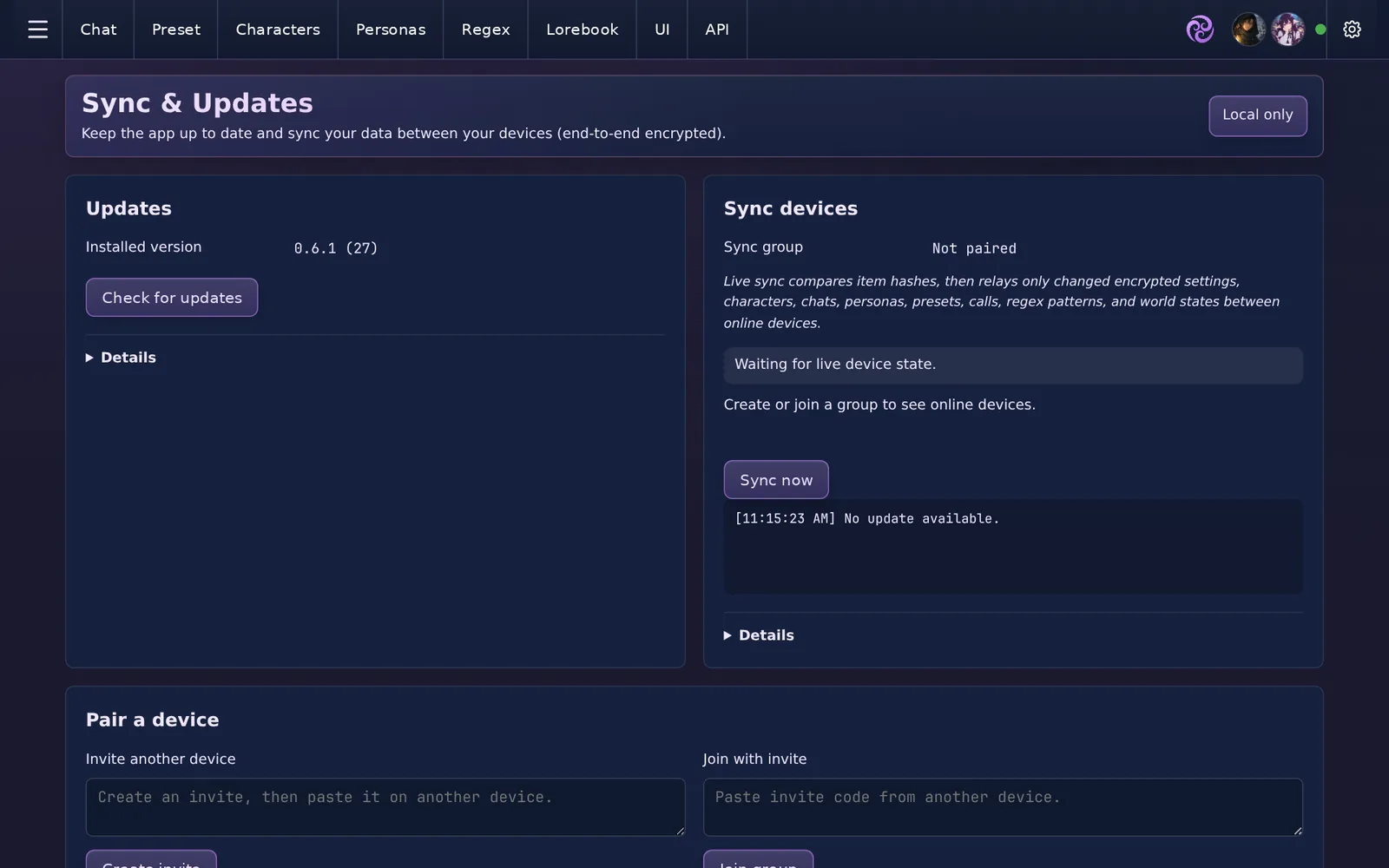 The Sync and Updates page with update, sync and pairing cards