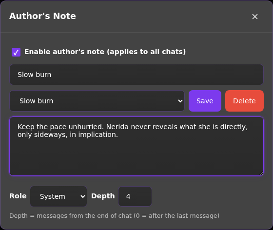 The Author's Note dialog with library and depth controls