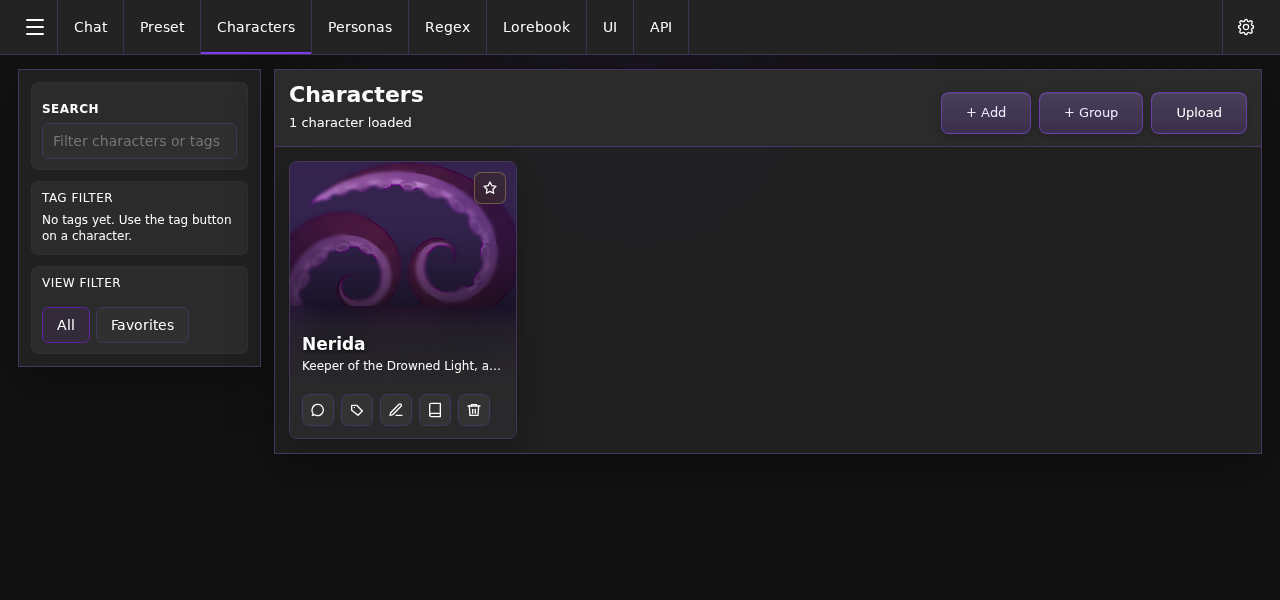 The Characters tab showing cards