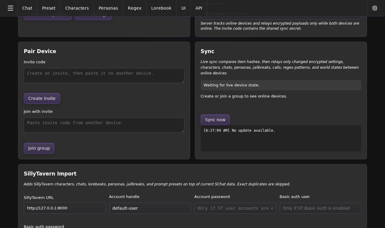 The Sync tab with update, device and pairing cards